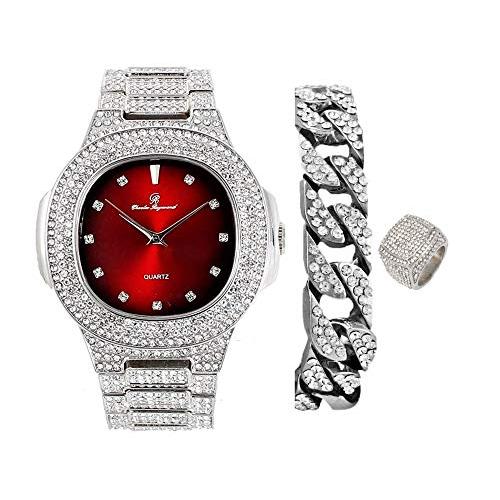 Bling-ed Out Oblong Case Mens PP Look Watch w/Matching Bling-ed Out Cuban B