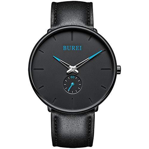 全国宅配無料 ブラック 超薄型 アナログ ミニマリスト ブラック クォーツウォッチ メンズ BUREI シンプルスタイル ブラックブルー並行輸入 クラシックデザイン 腕時計