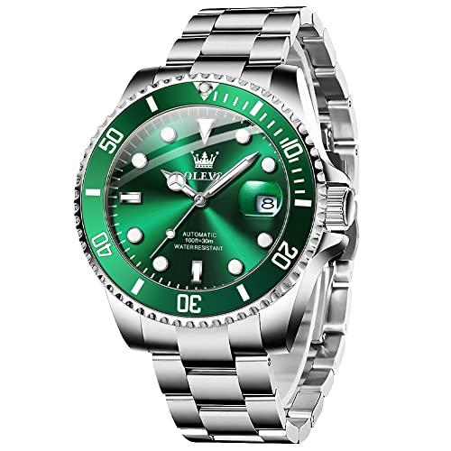 高評価なギフト Face Green Watches Automatic Men's Silver Watc Self-Winding Mechanical Tone 腕時計
