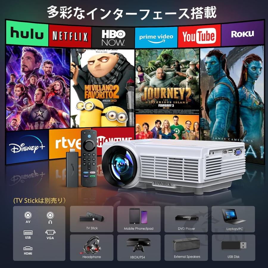 プロジェクター 本体 小型 4K対応 家庭用 プロジェクター  13000LM 1080Pズーム機能 ホームプロジェクター パソコン/iPhone 接続可 AVケーブル リモコン｜yuriwww-shop｜05