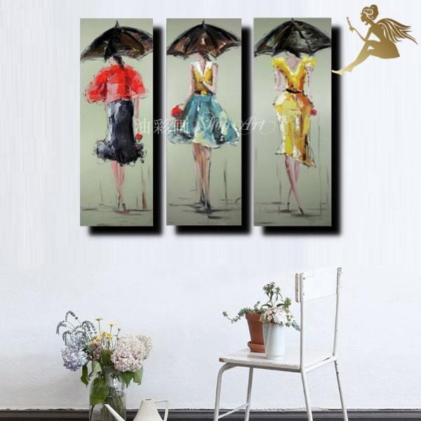 絵画 インテリア 壁掛け　人物画　油絵　アートパネル ３パネルセット　雨の日の3人の女性　手書きの油彩画