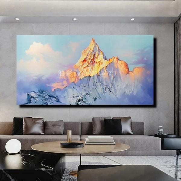 手書きの油彩画 インテリア 風景画 アートパネル 特大1パネル 【テニスコート】 黄金の雪山