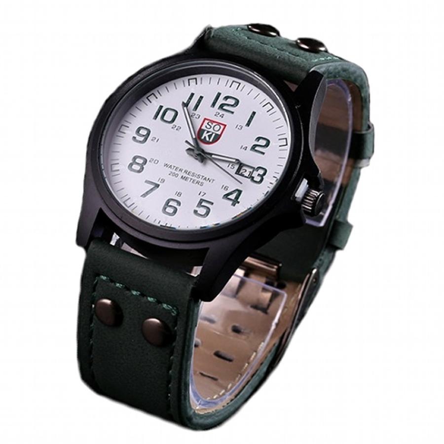 腕時計 時計 メンズ アナログクォーツウォッチ #05 ホワイト文字盤/グリーンレザーストラップ  カジュアル ミリタリー .｜yusyo-shopping