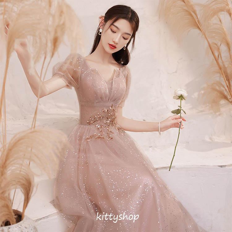 イブニングドレス ピンク ロングドレス スパンコール キレイめ 結婚式