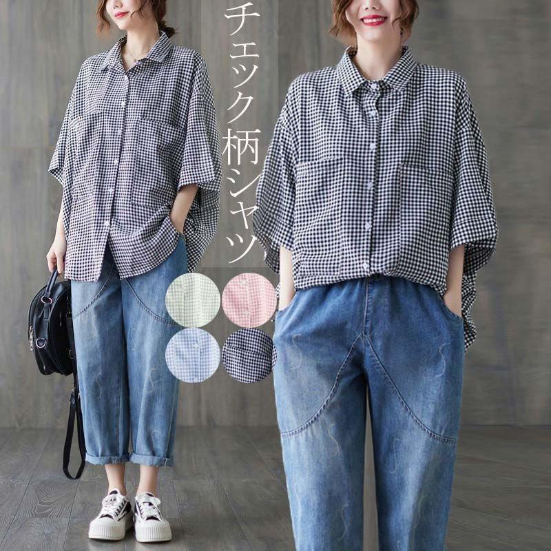ス シャツ レディース 半袖 チェックシャツ ブラウス シャツブラウス