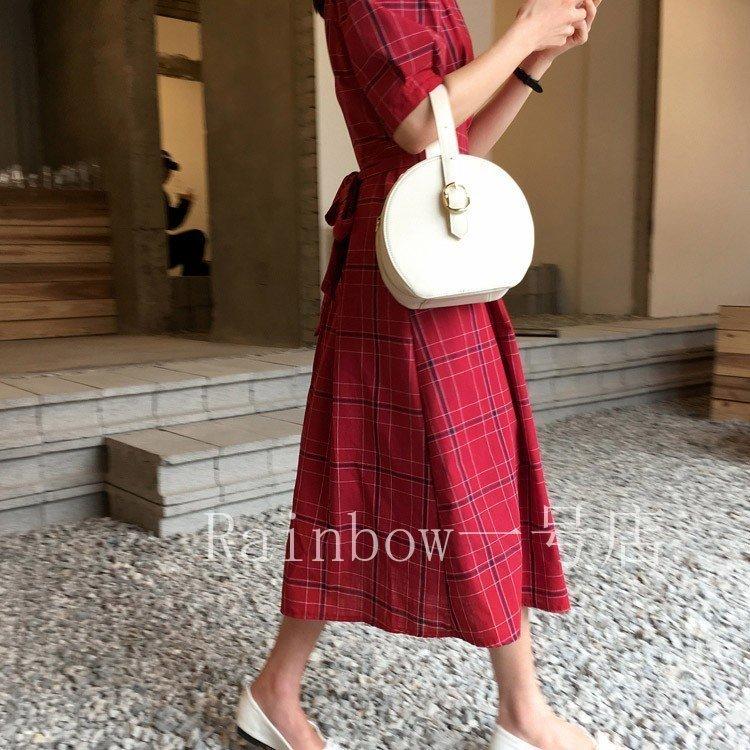 半袖 ワンピース レディース 赤 チェック スクエアネック ミモレ丈 ５