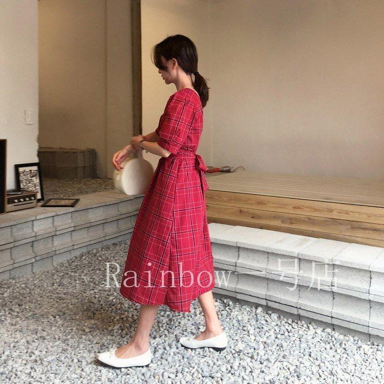 半袖 ワンピース レディース 赤 チェック スクエアネック ミモレ丈 ５