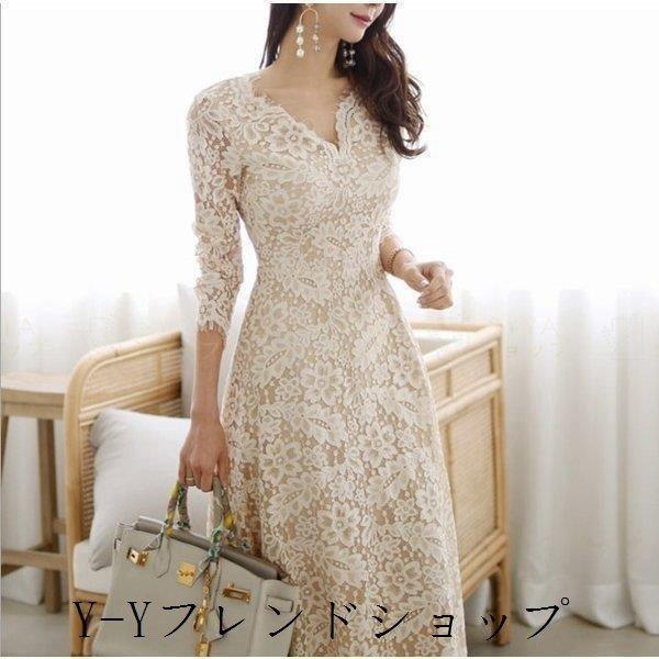 パーティードレス 袖あり 韓国風 結婚式 ドレス レース ワンピース ロング丈 フォーマルドレス 上品 大きいサイズ お呼ばれ 二次会 同窓会 服 着痩せ 代 30代 25 Off