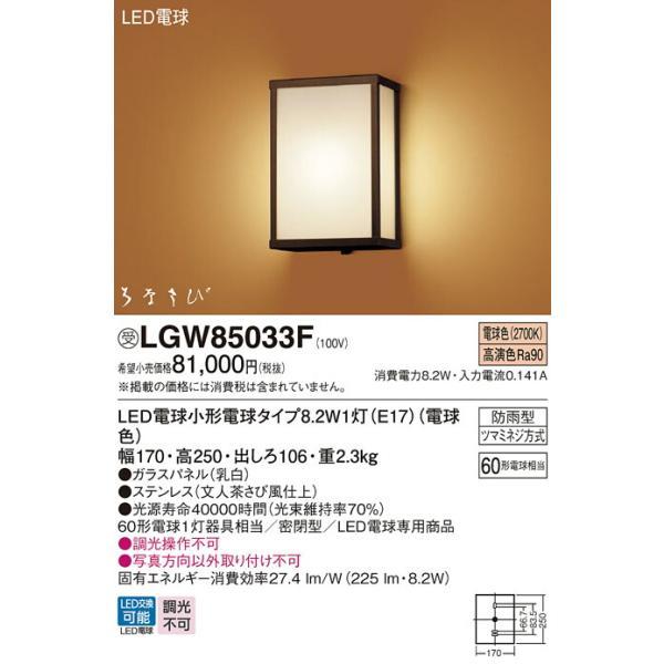 パナソニック　壁直付型 LED（電球色） ポーチライト 密閉型 LED電球交換型・防雨型 はなさび（数寄屋）　【品番：LGW85033F】_1