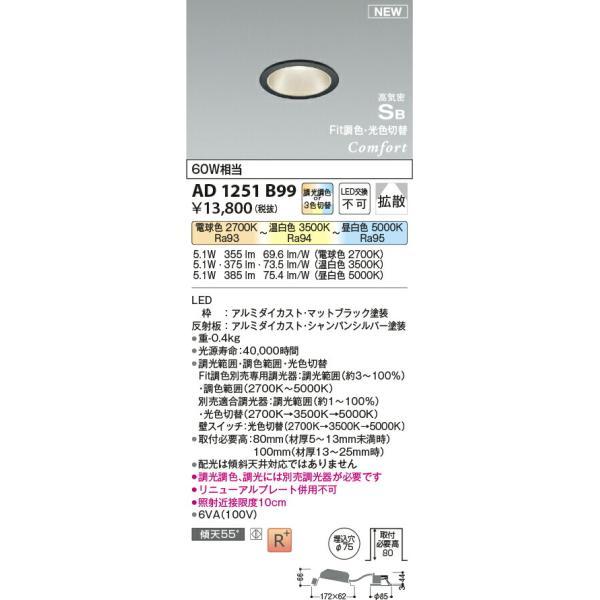 コイズミ照明 高気密SBダウンライト 【品番：AD1251B99】の画像