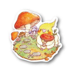 ステッカーＭサイズ キノコ狩りオカメ 防水 耐水 強粘着 インコ フィンチ sticker 鳥 可愛い かわいい | 
