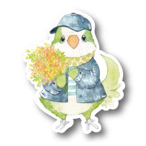 ステッカーＭサイズ オキナインコとミモザ 防水 耐水 強粘着 インコ フィンチ sticker 鳥 可愛い かわいい | 
