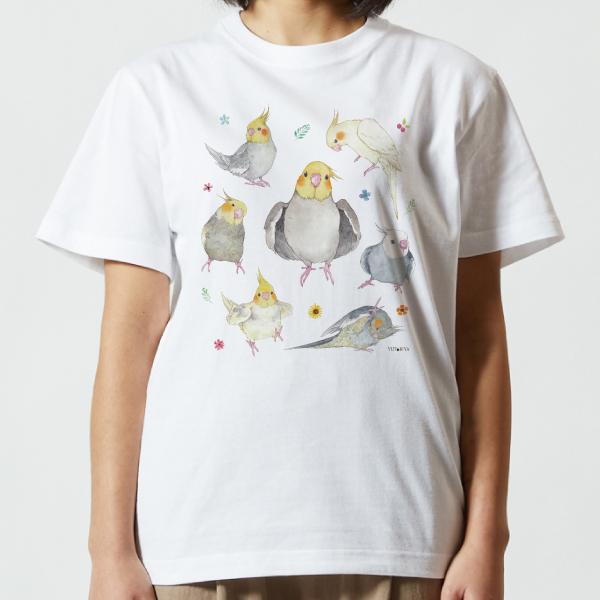 オカメまみれ Ｔシャツ  オカメインコ 男女兼用 ユニセックス 白 鳥 可愛い かわいい |  | 03