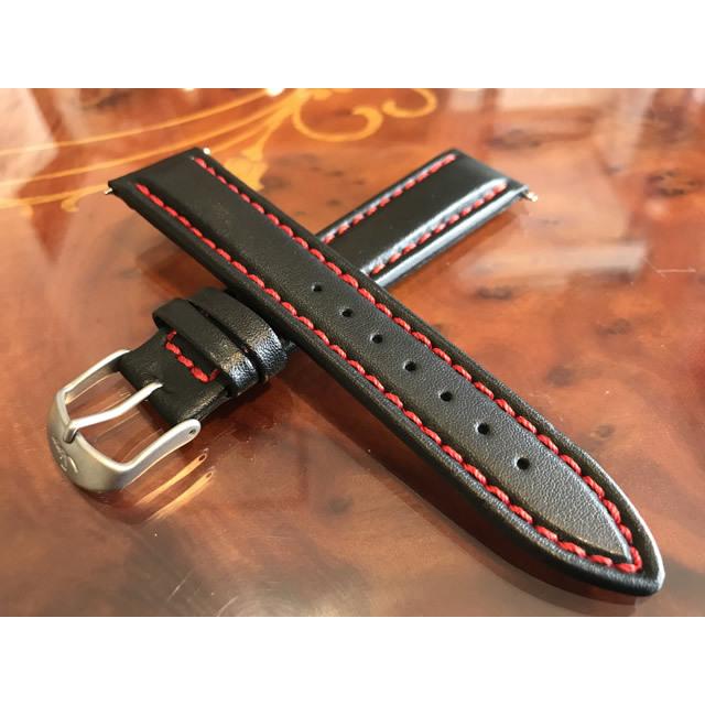 ジン 純正 カウレザー・ストラップ SSマット・バックル & SSポリッシュ・バックル 20mm 時計ベルト 時計用バンド ブラック (黒色/赤色ステッチ)