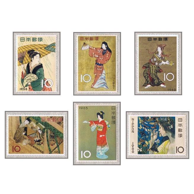 切手趣味週間 6種 6枚セット 雨中湯帰り 女舞姿 花下遊楽 源氏物語「宿
