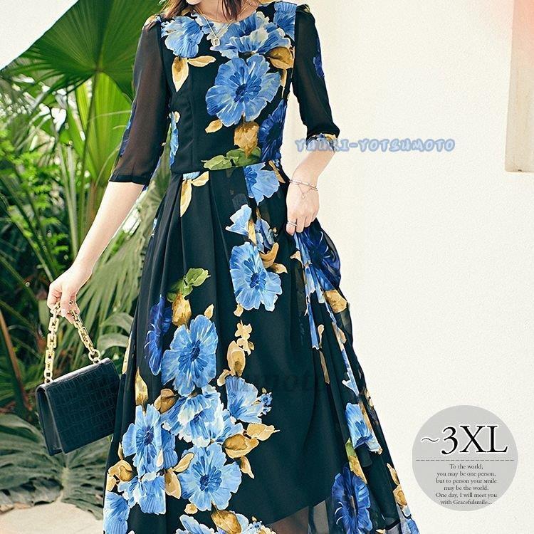 特価ブランド ブルーの花がシックな黒を引き立てる ワンピース ラウンドネック フレアワンピ 花柄 シースルー 透け感 薄手 ウエスト切替 ロング丈 ヨーロピアン ふんわり お出かけファッション 母親 ワンピース チュニック
