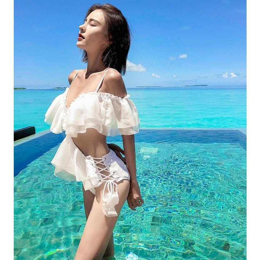 2色 ワンピース 水着 モノキニ レースアップ 配色 フレア beach フロントレースアップのワンピース(水着・モノキニ)[品番