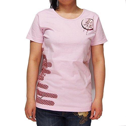 爆買い！ ジャパネスク レディース 青海波花車柄 刺繍 和柄Tシャツ/半袖/4RFT-601--ピンク--S 半袖