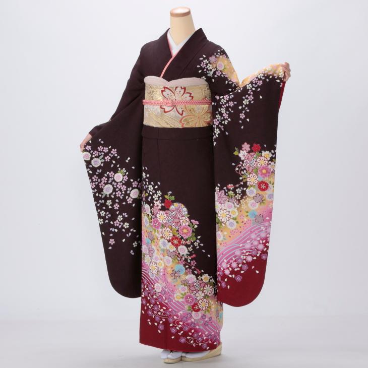 振袖 中古 成人式 フルセット Mサイズ 花柄 茶系 着物 購入 正絹 振袖 