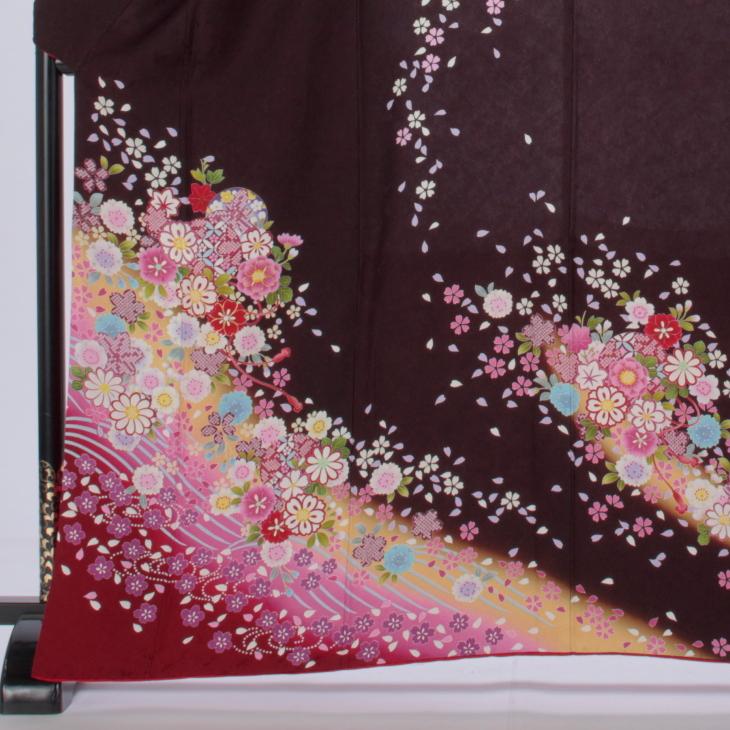 京都きもの友禅 振袖 中古 フルセット 成人式 Mサイズ 花柄 茶系 着物 