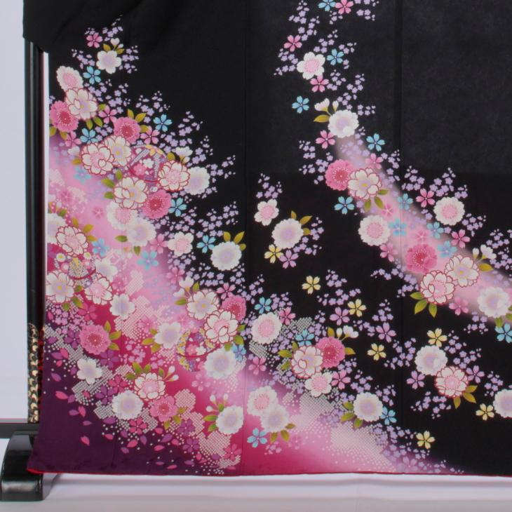 京都きもの友禅 振袖 中古 フルセット 成人式 Mサイズ 花柄 黒系 着物