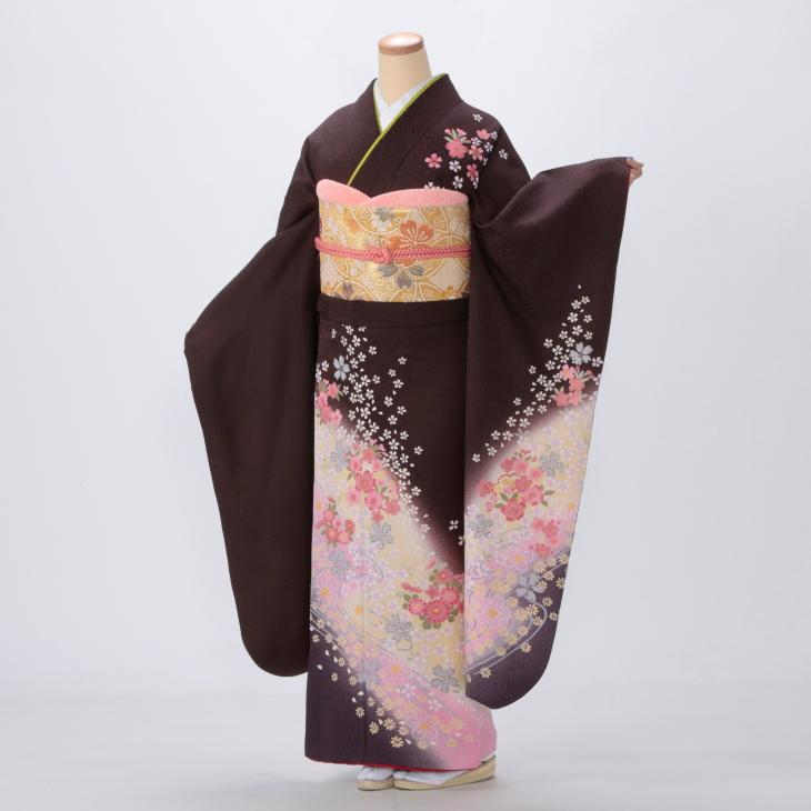 振袖 中古 成人式 フルセット Lサイズ 花柄 茶系 着物 購入 正絹 振袖 