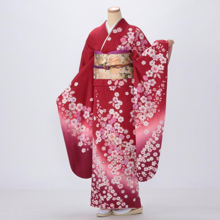 京都きもの友禅 振袖 中古 フルセット 成人式 Mサイズ 花柄 赤・ワイン