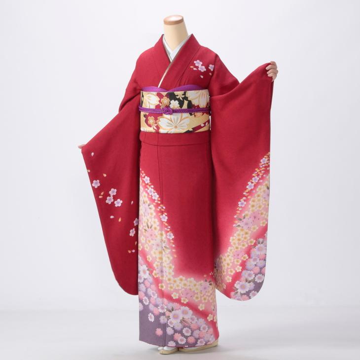 振袖 中古 フルセット 成人式 Mサイズ 花柄 赤・ワイン系 着物 購入 正絹 結婚式 卒業式 セット 16155 爆買