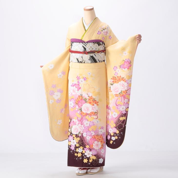 【アース】京都きもの友禅　正絹振袖セット 京都きもの友禅 振袖 中古 フルセット 成人式 Mサイズ 古典 茶系 着物