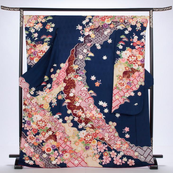 振袖 中古 フルセット 成人式 Lサイズ 古典 青・紺系 正絹 結婚式 卒業式 セット 20635 爆買の画像