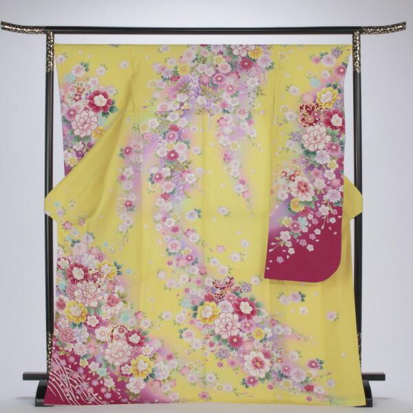 【美品】振袖 花柄 黄色•古典柄 Lサイズ 京都きもの友禅 振袖 中古 フルセット 成人式 Lサイズ 花柄 からし・黄