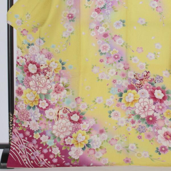 【美品】振袖 花柄 黄色•古典柄 Lサイズ 京都きもの友禅 振袖 中古 フルセット 成人式 Lサイズ 花柄 からし・黄