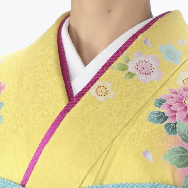 【美品】振袖 花柄 黄色•古典柄 Lサイズ 京都きもの友禅 振袖 中古 フルセット 成人式 Lサイズ 花柄 からし・黄