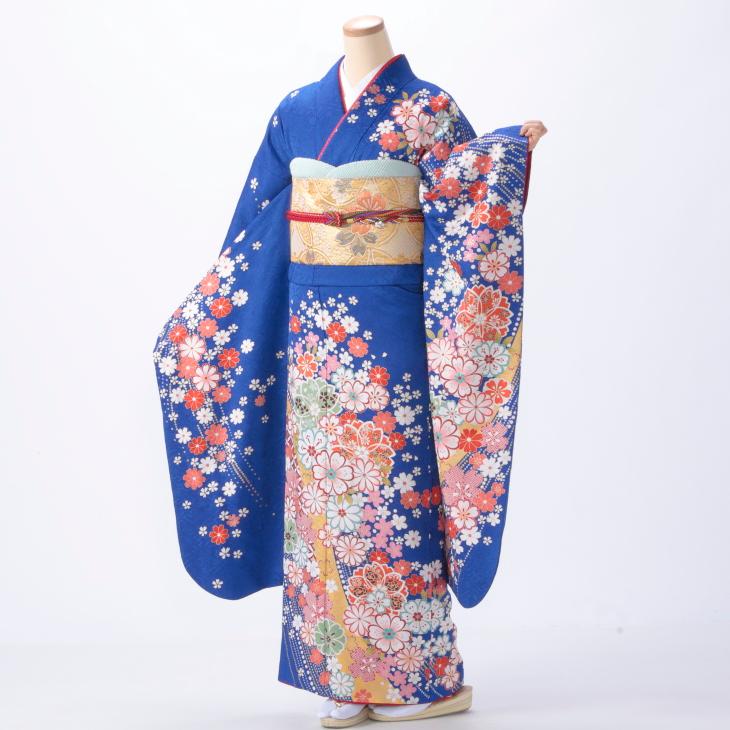 京都きもの友禅 振袖 中古 フルセット 成人式 Mサイズ 花柄 青・紺系