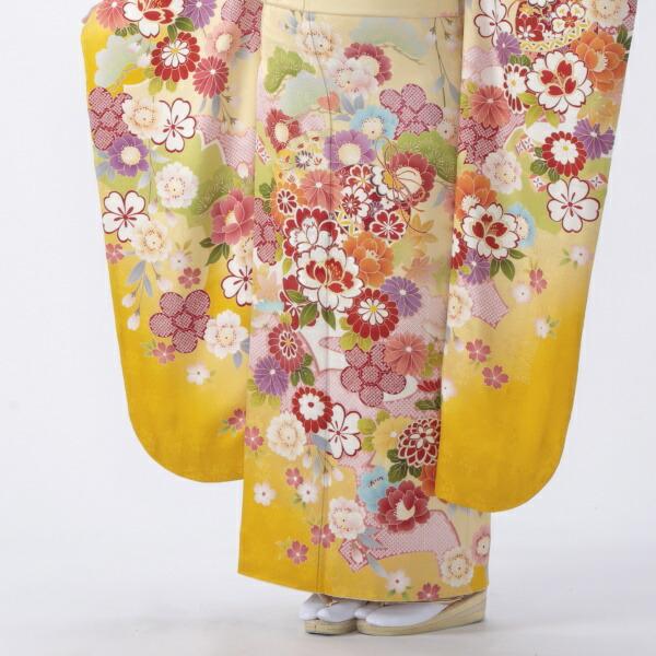 京都きもの友禅 振袖 中古 フルセット 成人式 Lサイズ 古典 からし・黄