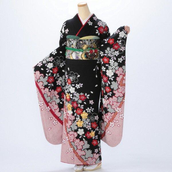 振袖 中古 フルセット 成人式 Lサイズ 古典 黒系 着物 購入 正絹 振袖フルセット 60187 爆買