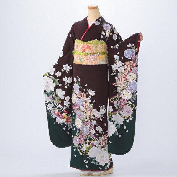 京都きもの友禅 振袖 中古 フルセット 成人式 Lサイズ 古典 茶系 着物