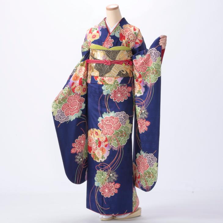 京都きもの友禅 振袖 中古 フルセット 成人式 Lサイズ 花柄 青・紺系