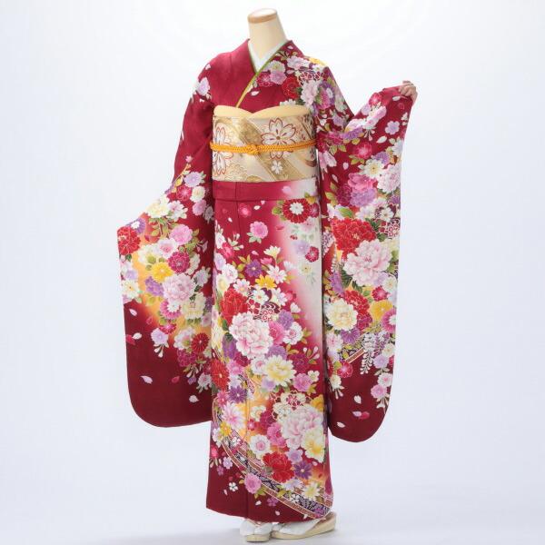 京都きもの友禅 振袖 中古 フルセット 成人式 Mサイズ 花柄 赤・ワイン