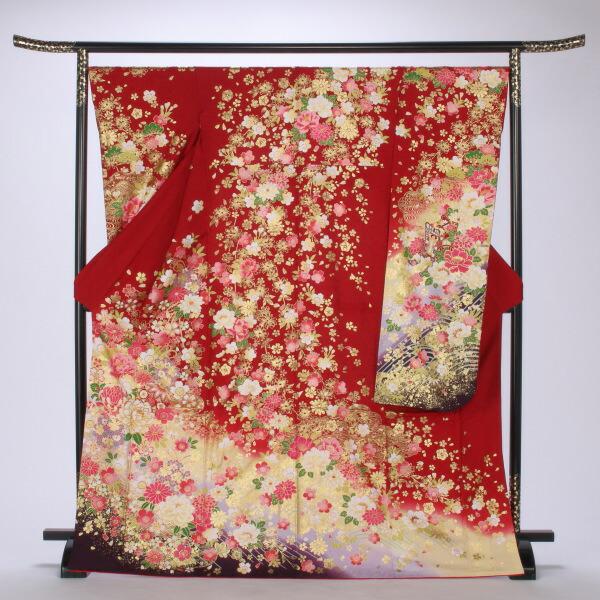 成人式　振袖　フルセット　京都　赤　正絹 kimono 京都きもの友禅 振袖 中古 フルセット 成人式 Lサイズ 古典 赤