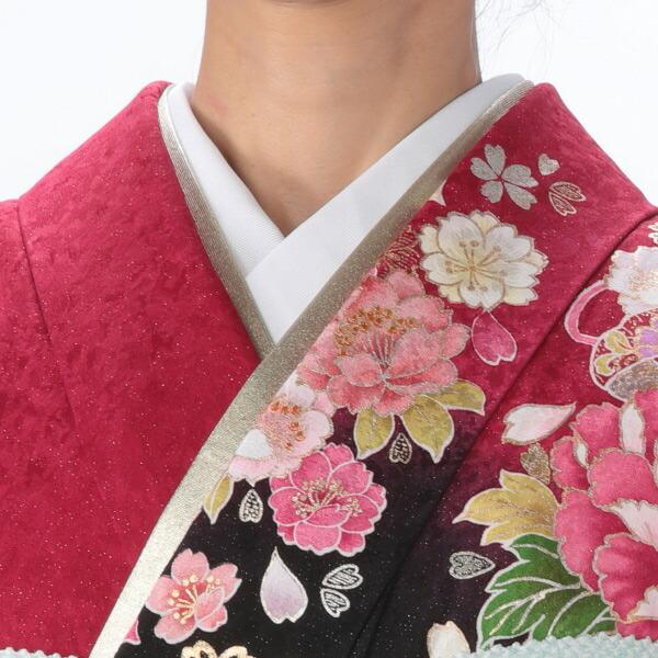 京都きもの友禅 振袖 中古 フルセット 成人式 Mサイズ 花柄 赤・ワイン