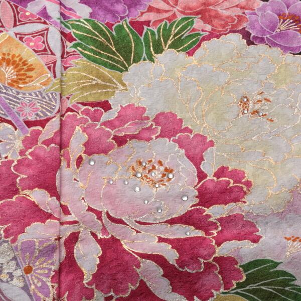 京都きもの友禅 振袖 中古 フルセット 成人式 Mサイズ 花柄 赤・ワイン