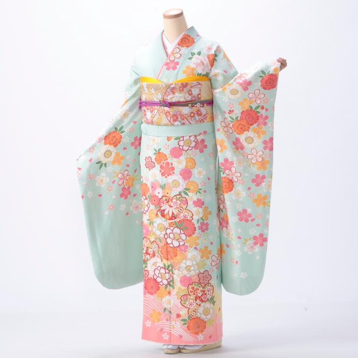 お値下げ中) 振袖フルセット 成人式 豪華花柄 京都きもの友禅 振袖 中古 フルセット 成人式 Mサイズ 花柄 グリーン系