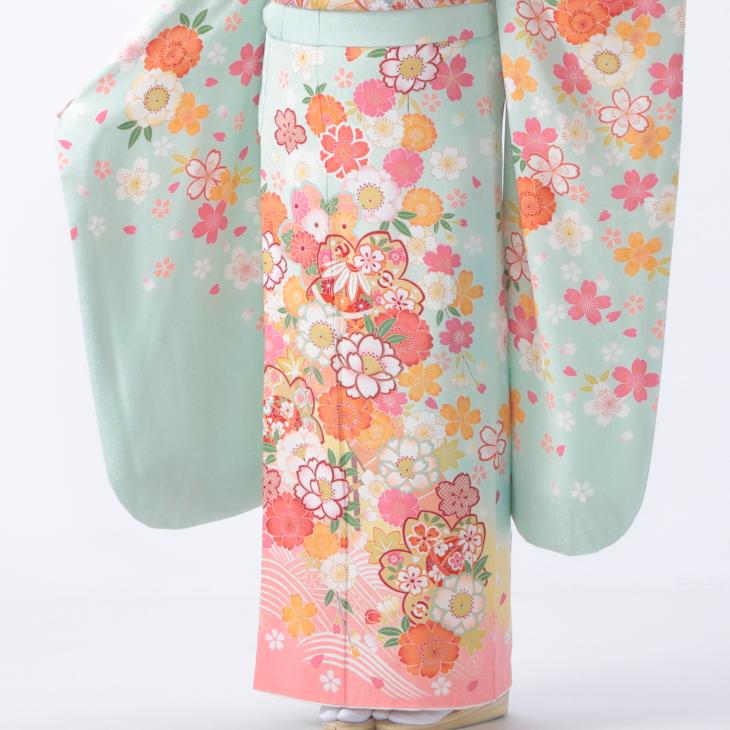 京都きもの友禅 振袖 中古 フルセット 成人式 Mサイズ 花柄 グリーン系