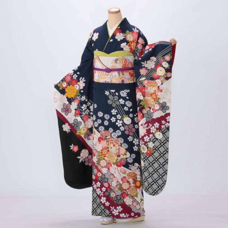 京都きもの友禅 振袖 中古 フルセット 成人式 Lサイズ 古典 青・紺系