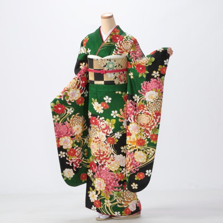 京都きもの友禅 振袖 成人式 フルセット Mサイズ 古典柄 グリーン系