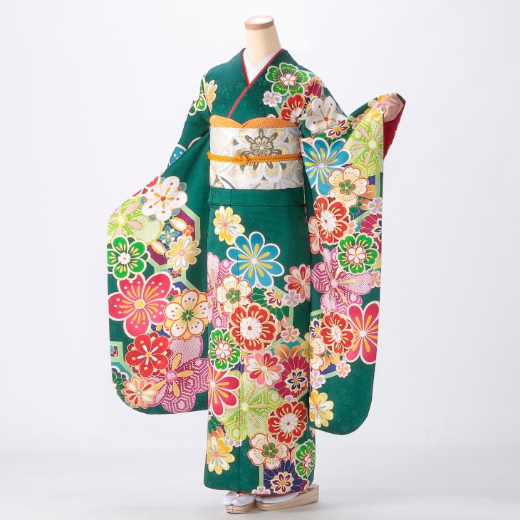 京都きもの友禅 振袖 成人式 フルセット Mサイズ モダン柄 グリーン系