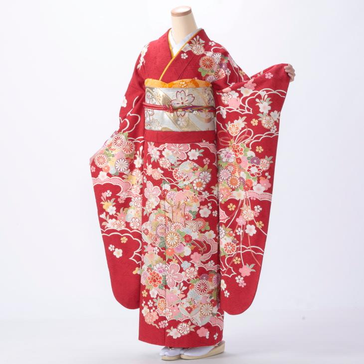 京都きもの友禅 振袖 中古 フルセット 成人式 Lサイズ 古典 赤・ワイン