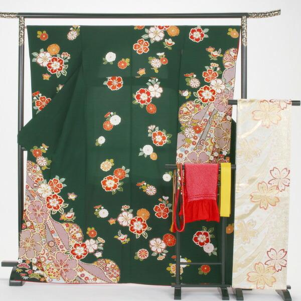 振袖 中古 フルセット 成人式 Mサイズ 花柄 グリーン系 着物 購入 正絹 振袖フルセット 96731 爆買の画像