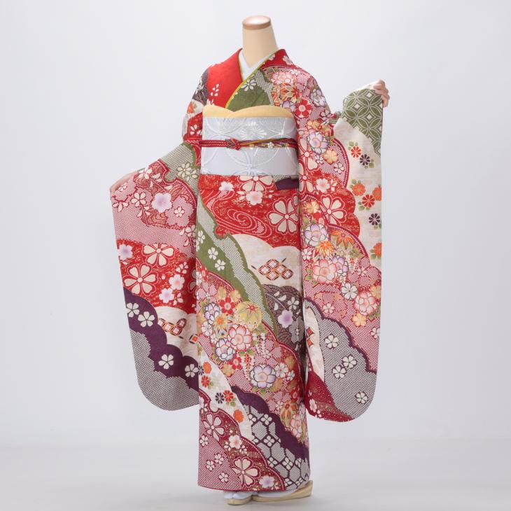 京都きもの友禅 振袖 中古 フルセット 成人式 Mサイズ 古典 赤・ワイン